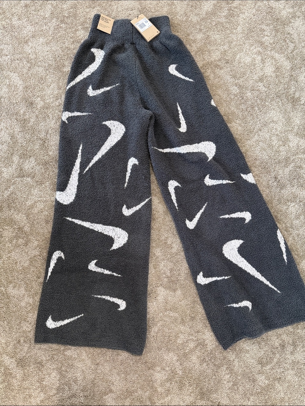 Nike Womens Charcoal Gray Fleece Joggers with White Swoosh Print